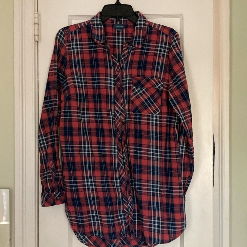 J. Jill Pink Blue Plaid 100% Cotton Tunic Button Front Blouse Top Size S